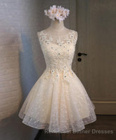 Champagne Lace Round Neck Short Semi Formal Prom Dress, Bridesmaid Dress